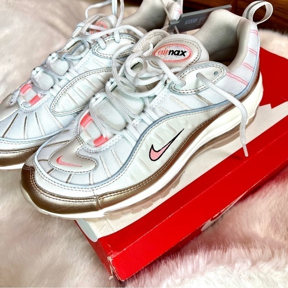 NEW Nike Air Max 98 "Rose Gold" sneakers pink and white leather metallic shoes - Picture 3 of 13
